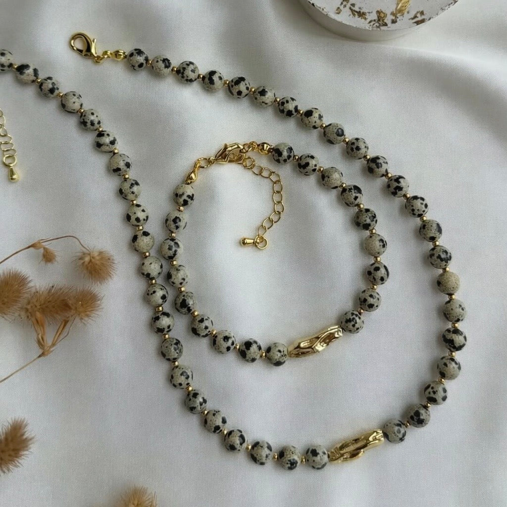 Ensemble Collier & Bracelet en Perles Naturelles Dalmatien | ZAHRA JEWELRY