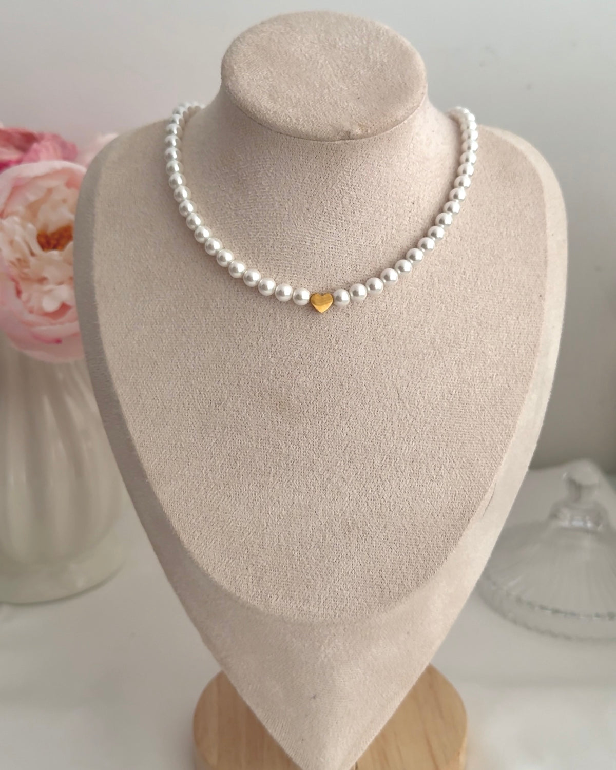 Collier Cœur Doré Perlé – Perles Naturelles & Acier Inoxydable