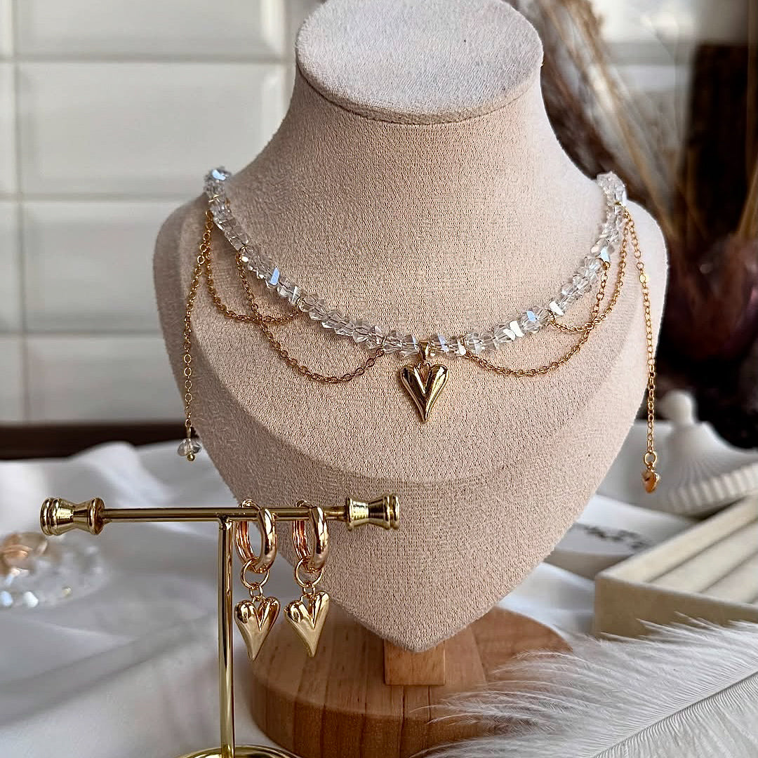 Collier & Boucles d’oreilles Cœur doré en perles | Zahra Jewelry