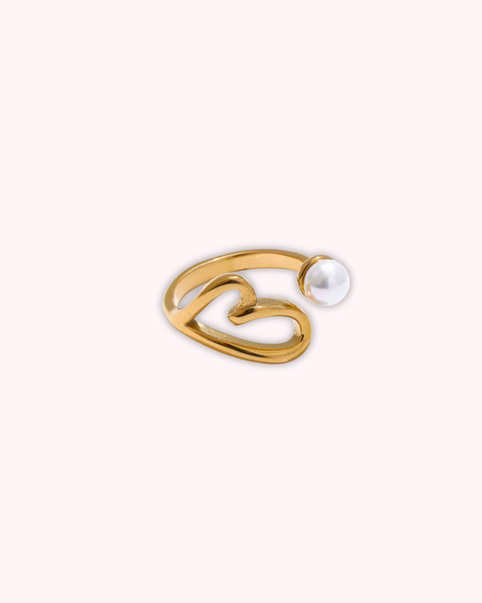 Bague ajustable avec perle en acier inoxydable doré | Zahra Jewelry